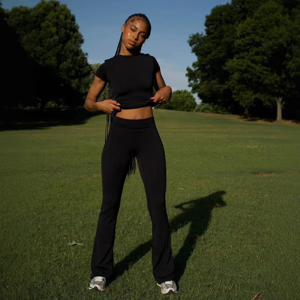 Chic and Style ladies' sporty outfit with fitted top and flared pants