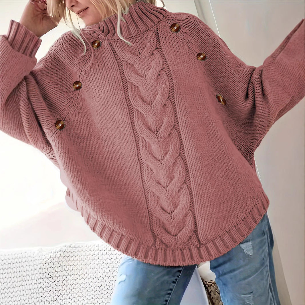 Femme Pull en maille ample avec col haut et boutons décoratifs Chic und Stil