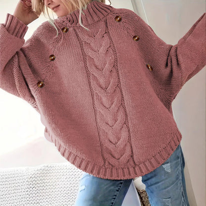 Femme Pull en maille ample avec col haut et boutons décoratifs Chic und Stil