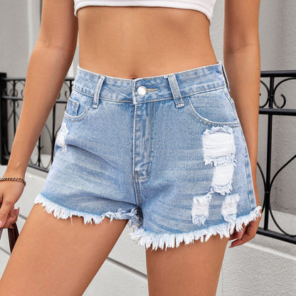 Women's Ripped Denim Shorts with Fringes and High Waist Chic and Style