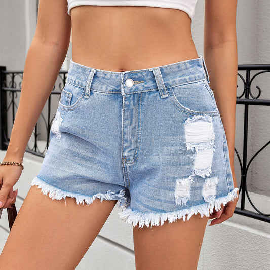 Women's Ripped Denim Shorts with Fringes and High Waist Chic and Style