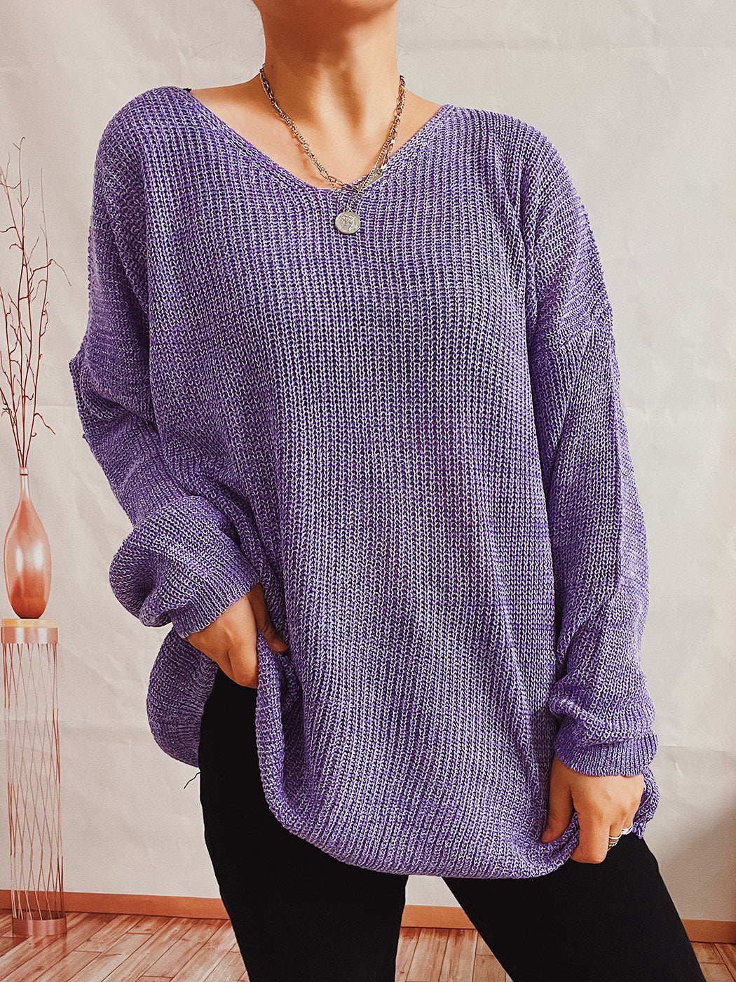 Pull femme décontracté à col V avec motif tricoté texturé Chic und Stil
