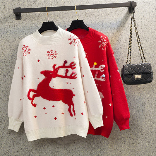 Pull féminin de Noël avec motif de renne festif et col rond confortable Chic und Stil