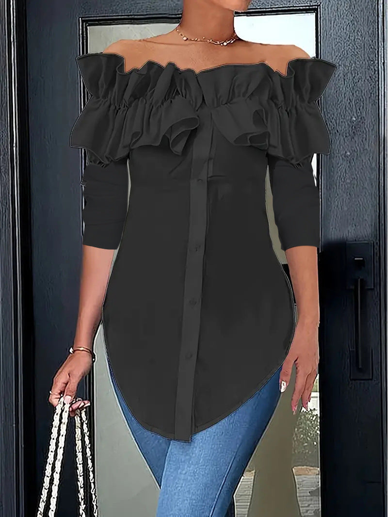 Chemisier femme épaules nues avec volants et patte de boutonnage Chic und Stil