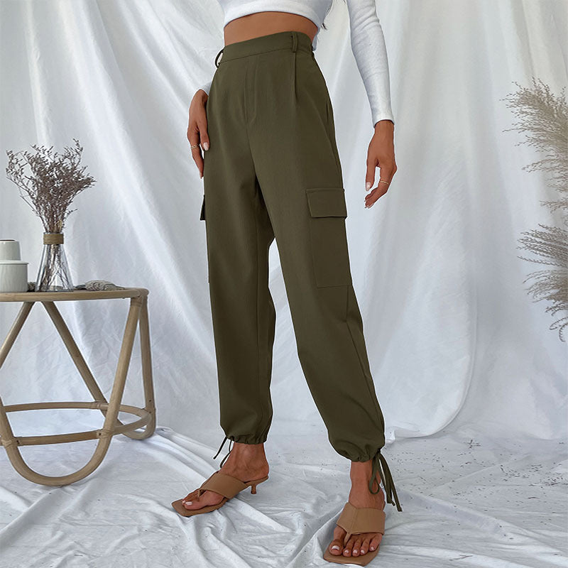 Women High-waisted cargo pants with adjustable ankle ties Chic and Style