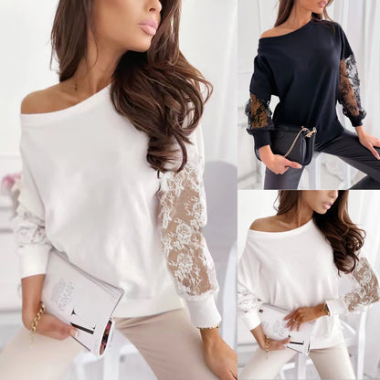 Dames Élégant Top à Manches en Dentelle Off-Shoulder Chic und Stil