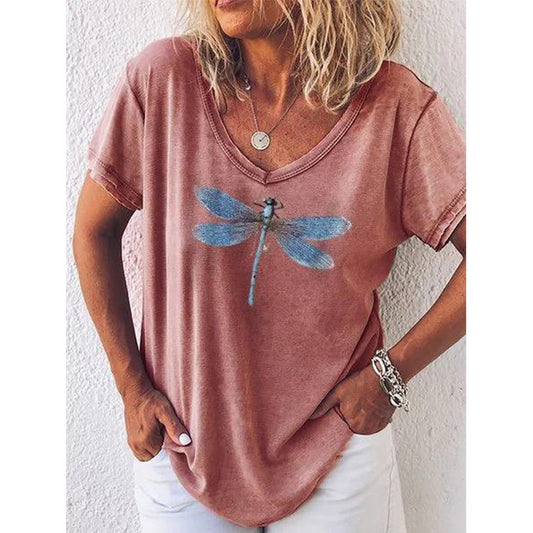 T-shirt graphique à col en V pour femmes avec design de libellules Chic und Stil