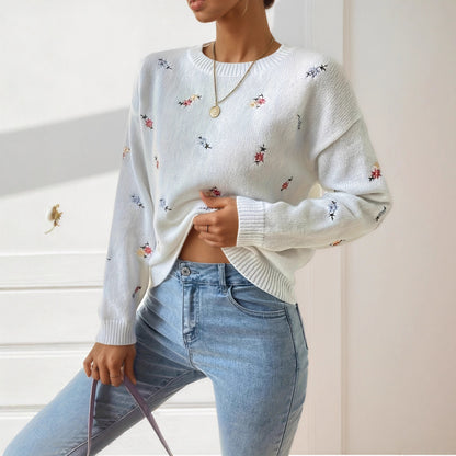 Pull en tricot pour femmes avec des détails de broderie florale et une coupe décontractée Chic und Stil