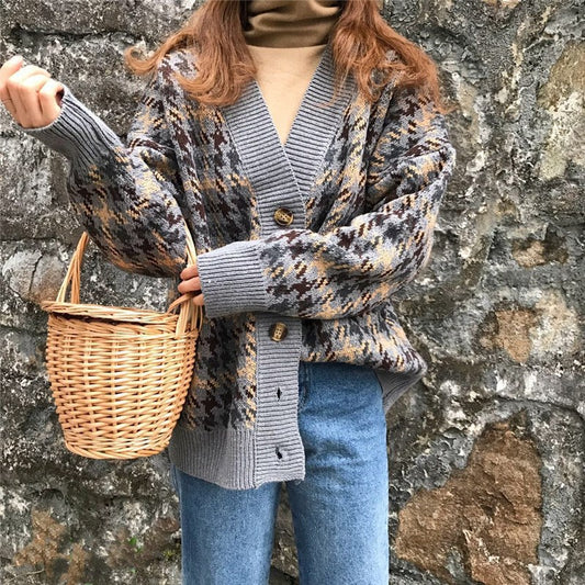 Veste en tricot à carreaux pour femmes avec boutons vintage Chic und Stil