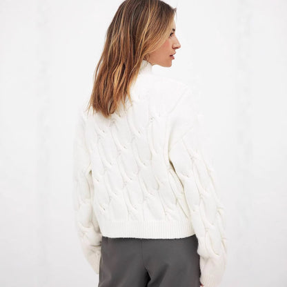 Pull en grosse maille pour femmes avec un col haut et un design de tresse romantique Chic und Stil