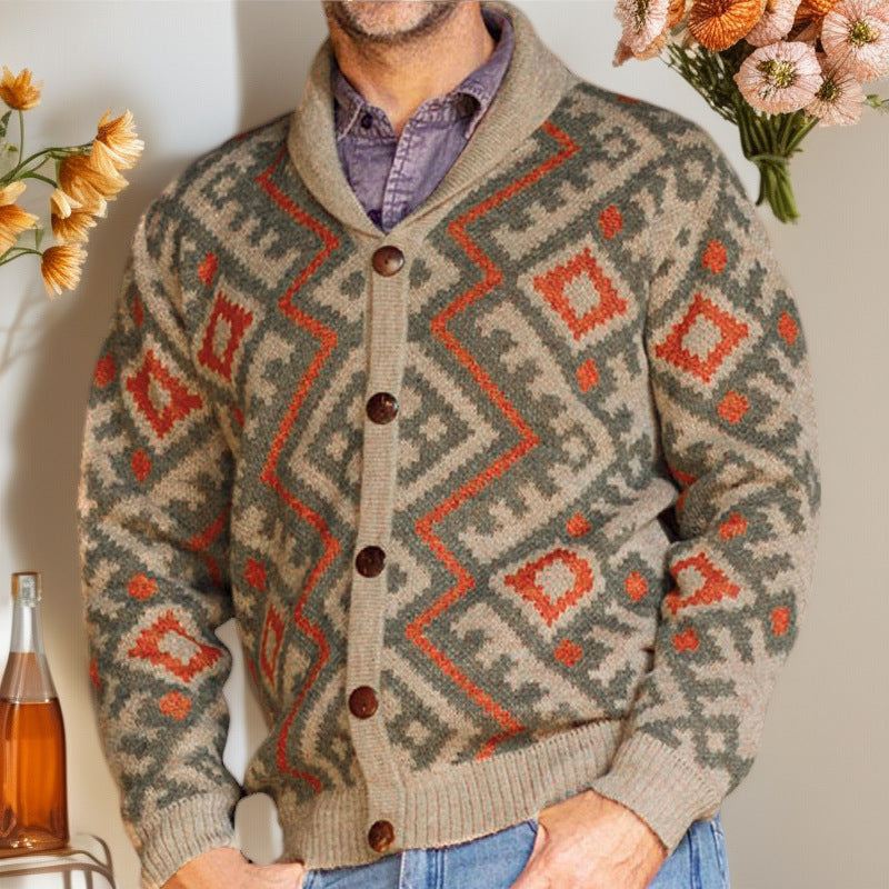 Men's knitted jacket with traditional geometric pattern and warm shawl collar Chic and Style