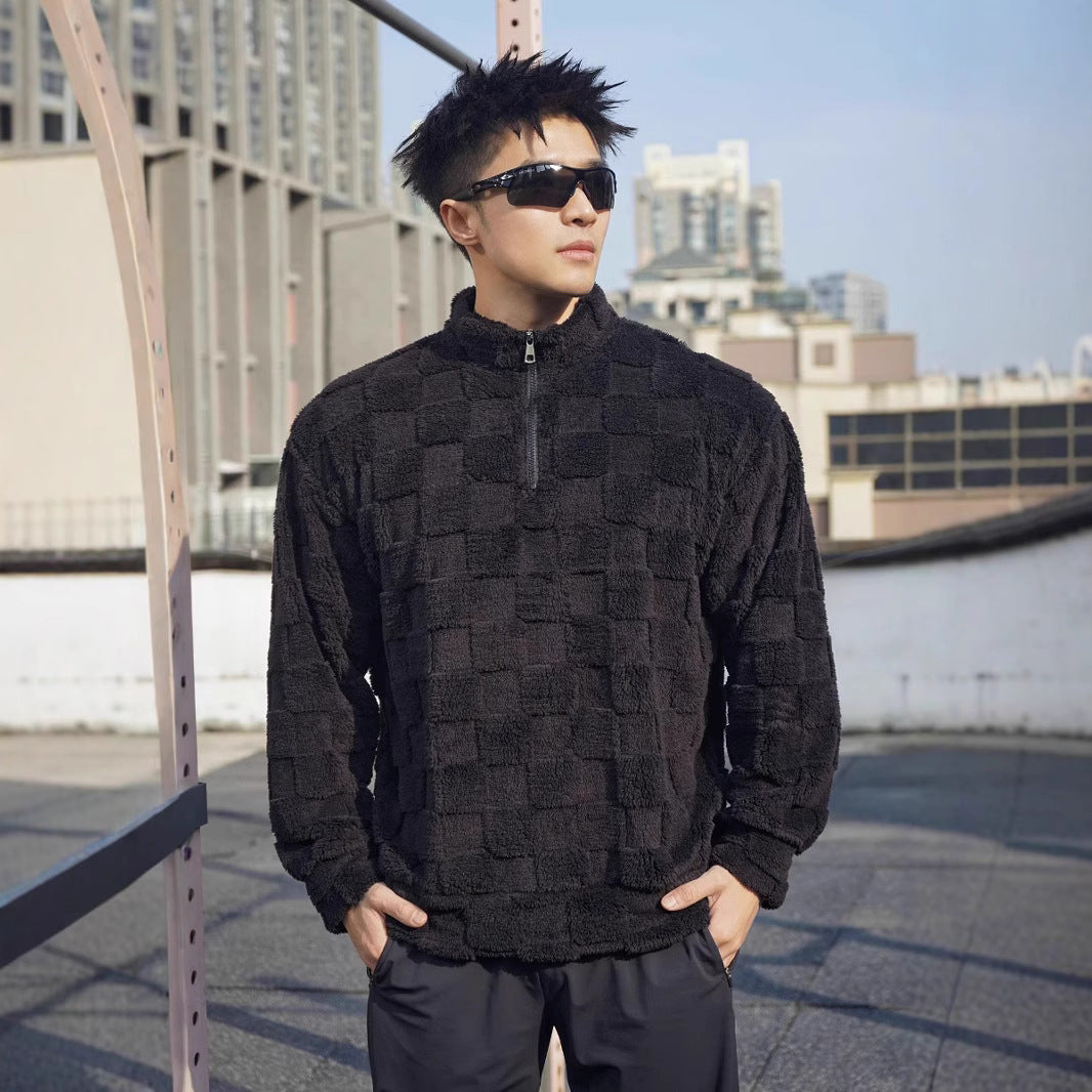 Men's fleece pullover with structured surface texture and high collar Chic und Stil