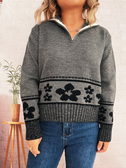 Dames pull en grosse maille avec motifs floraux et manches trois-quarts pratiques Chic und Stil