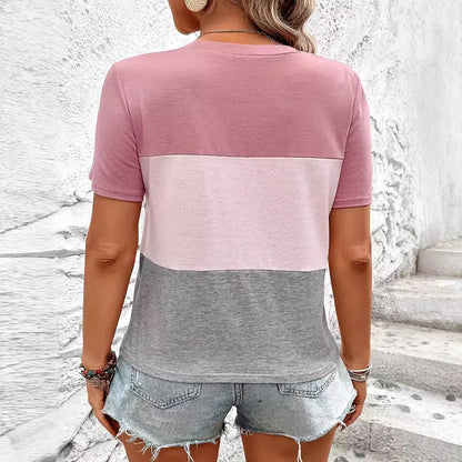 T-shirt femme à col V avec un design à blocs de couleurs à la mode et poche poitrine Chic und Stil