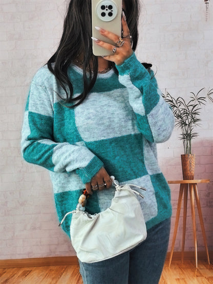 Pull en mailles larges pour femmes avec un motif à carreaux moderne et une coupe décontractée Chic und Stil