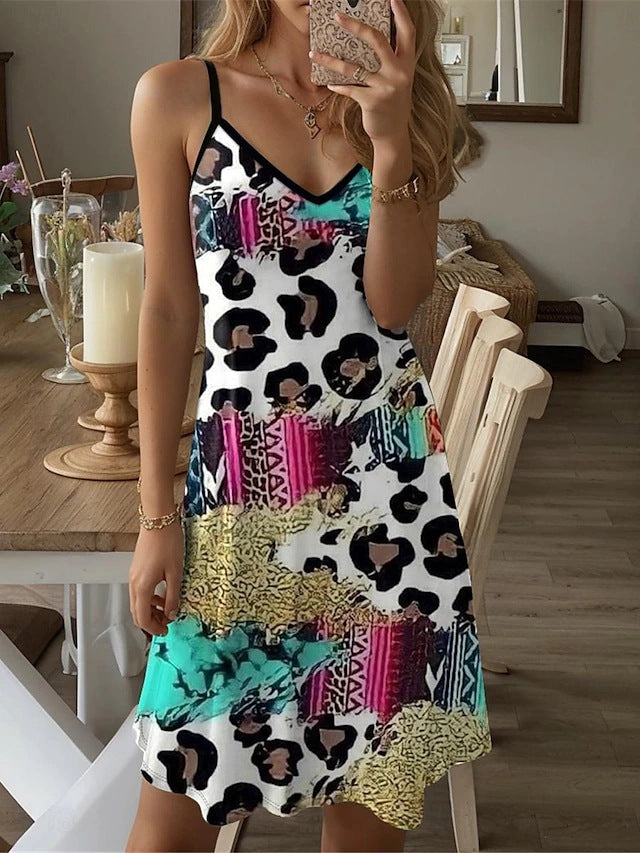 Robe à bretelles spaghetti pour femmes avec impression animale et graphique colorée Chic und Stil