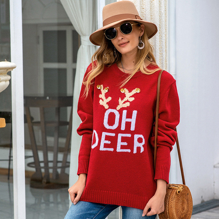 Pull en tricot pour dames avec motif de renne festif et boutons dorés Chic und Stil