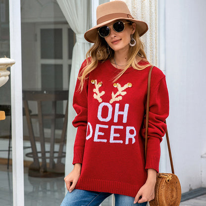 Pull en tricot pour dames avec motif de renne festif et boutons dorés Chic und Stil