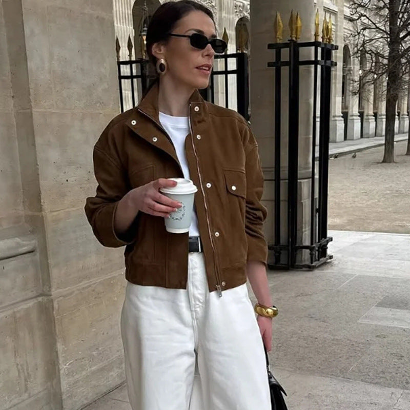 Dames Élégante Veste en Cuir Synthétique avec Col Montant Moderne Chic und Stil