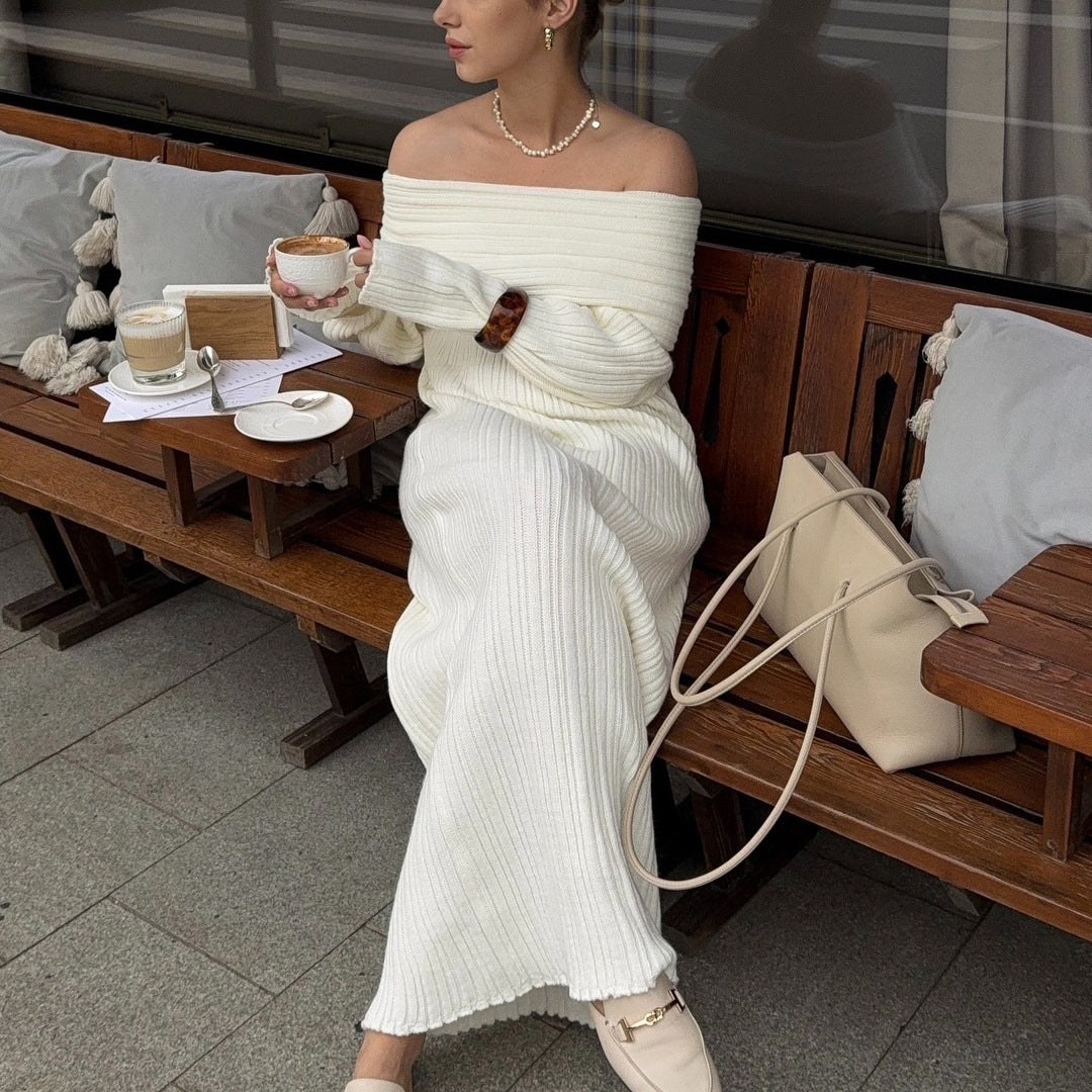 Dames Élégant Robe Maxi en Tricot avec Design Sans Épaules Chic und Stil
