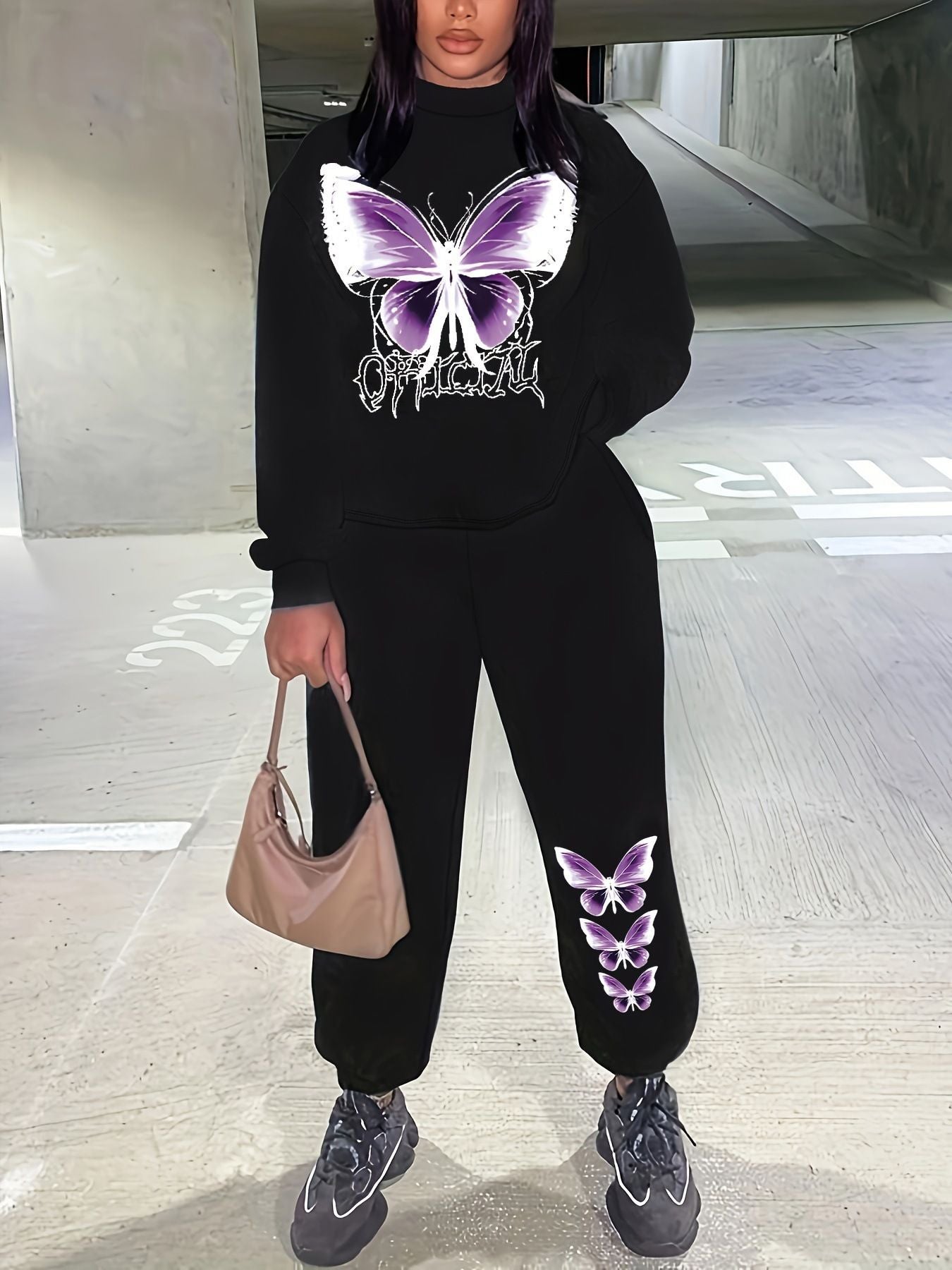 Women's sweatshirt and jogger pants set with a creative butterfly design Chic and Style