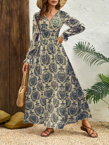 Robe maxi longue pour femmes avec motif Jacquard floral et manches volumineuses Chic und Stil