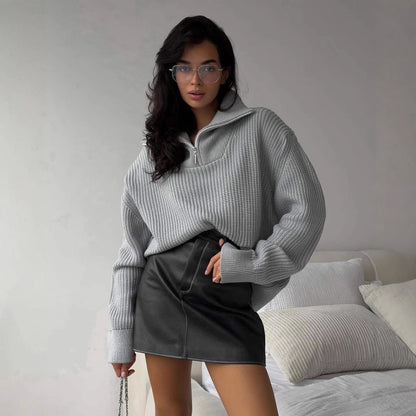 Pull en tricot surdimensionné pour femme avec col montant et fermeture éclair Chic und Stil