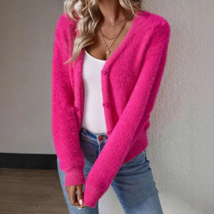 Dames Pull-over Doux à Col V avec Détail de Bouton Chic und Stil