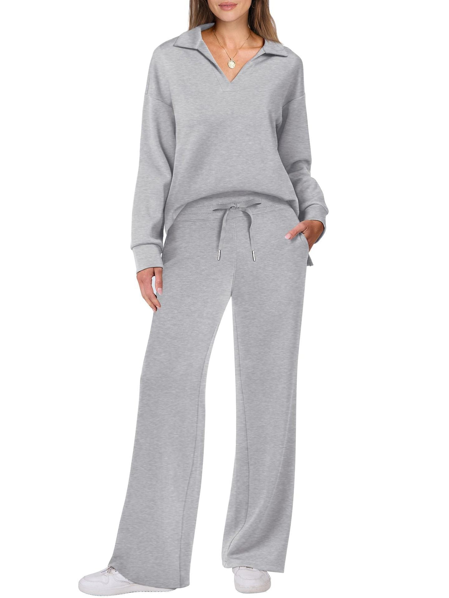 Dames ensemble décontracté avec grand col et pantalon ample confortable Chic und Stil