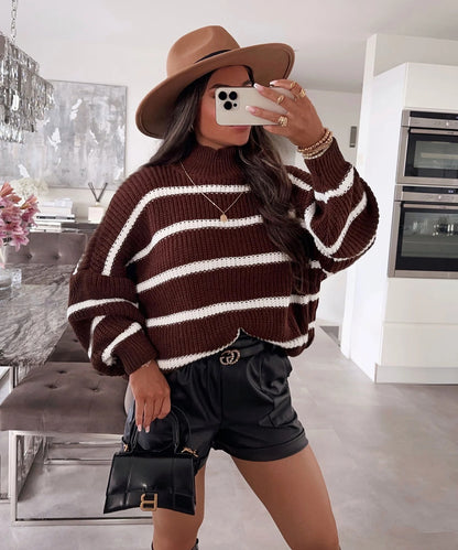 Pull oversized à rayures pour femmes avec un col roulé tendance Chic und Stil