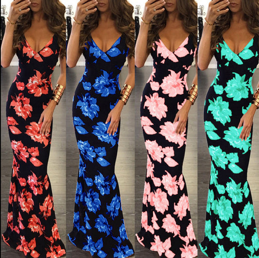Robe maxi élégante pour femmes avec imprimé floral et bretelles fines Chic und Stil