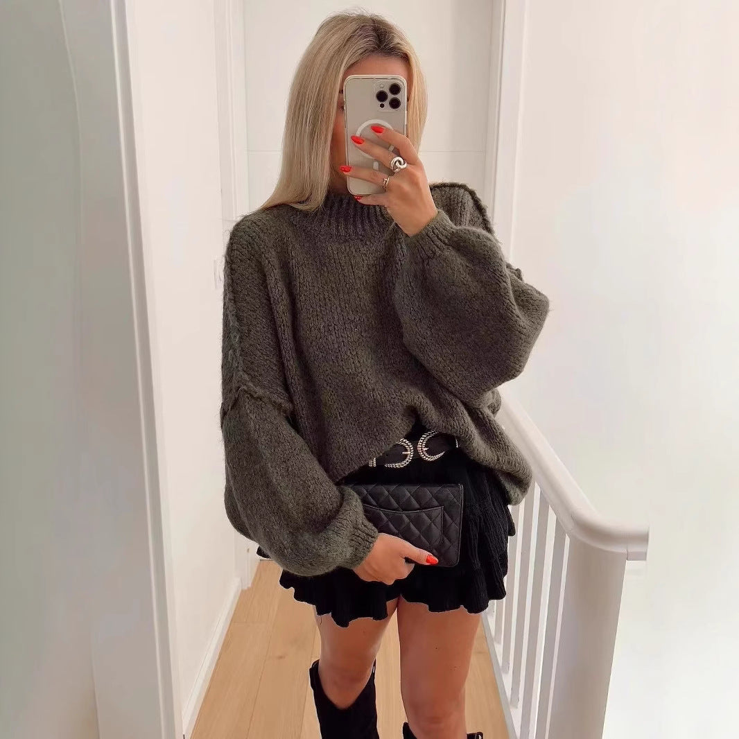 Dames Grand pull avec col haut et manches ballon Chic und Stil