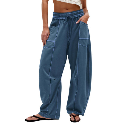Ladies Comfortable Wide Pants with Practical Pockets and Elastic Belt Chic and Style