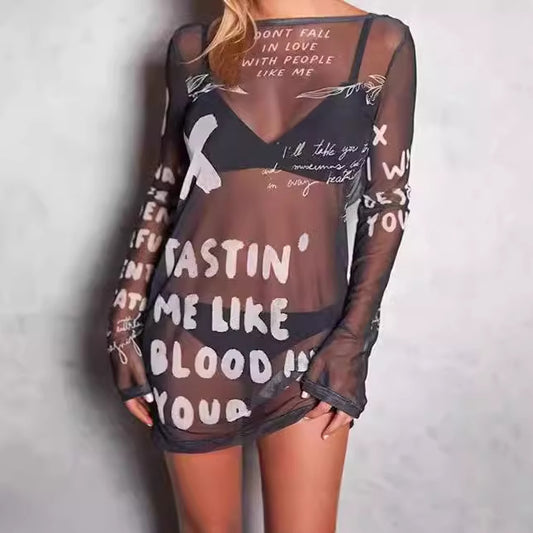 Robe longue à manches longues décontractée pour femmes avec inscription créative Chic und Stil
