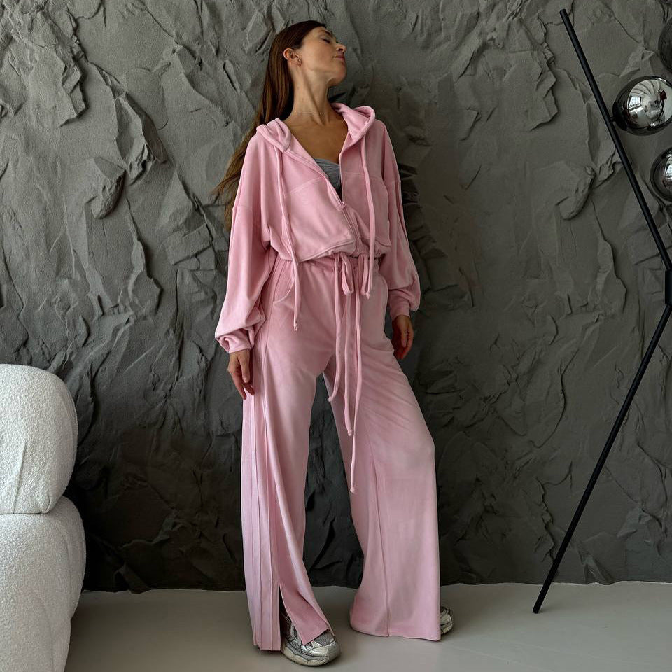 Women's sporty lounge set with comfortable hoodie and chic wide leg pants style