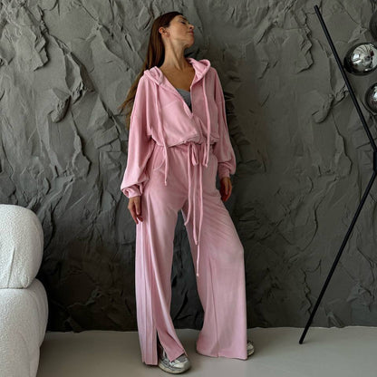 Women's sporty lounge set with comfortable hoodie and chic wide leg pants style