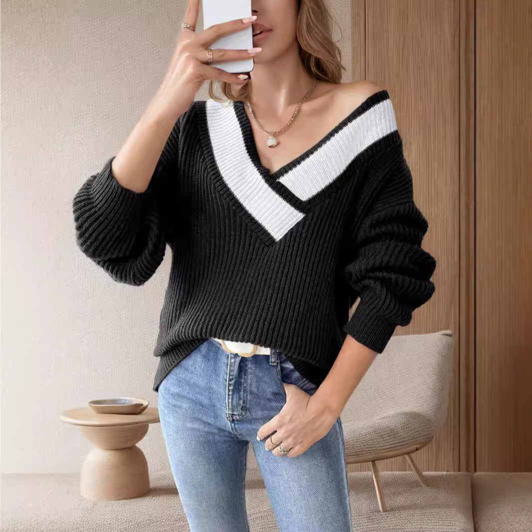 Pull-over V ample pour dames avec un design en tricot côtelé texturé Chic und Stil