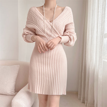 Dames Élégante robe en tricot avec décolleté en V et haut texturé Chic und Stil