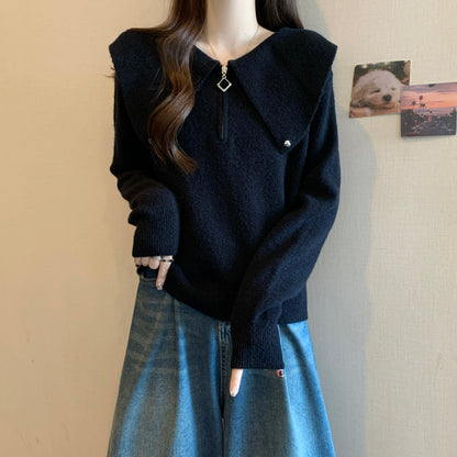 Dames pull tendance avec fermeture éclair originale et grand col Chic und Stil
