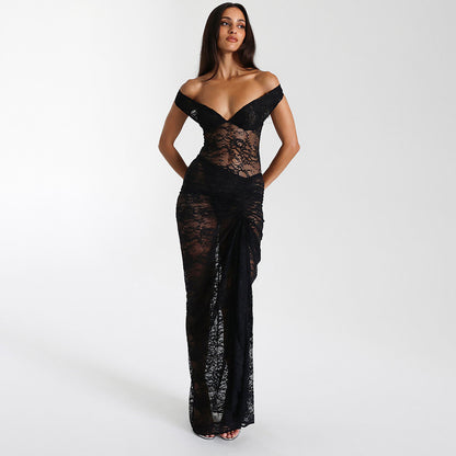 Femmes Robe maxi élégante en dentelle avec design sans épaules et détails à volants Chic und Stil