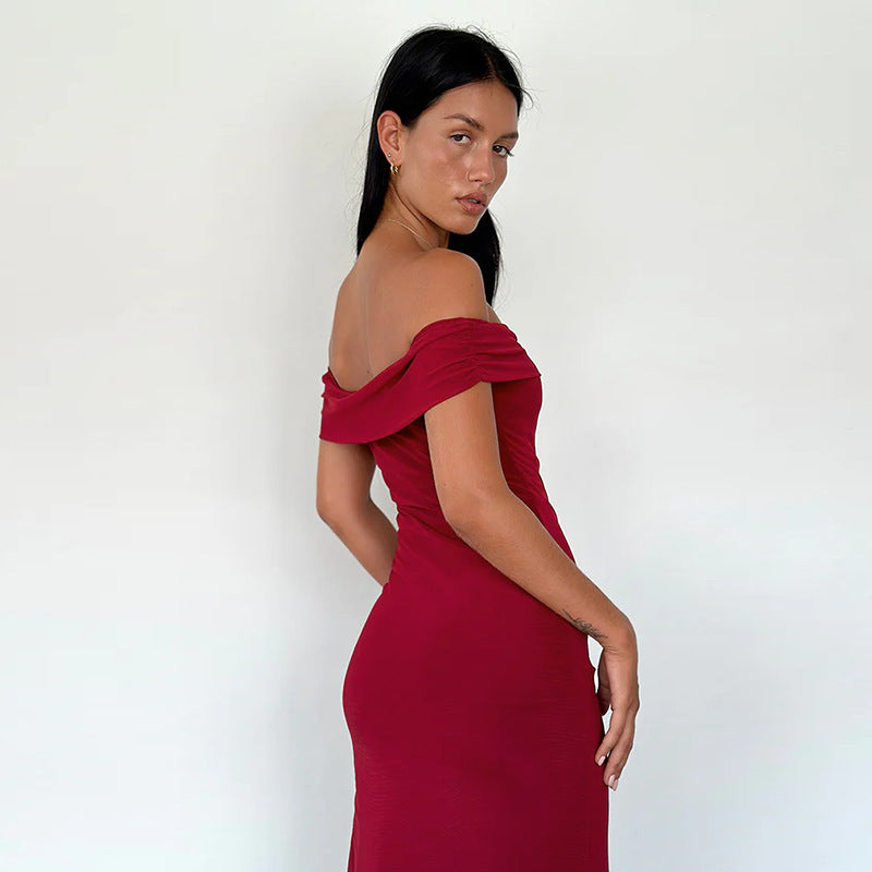 Dames Élégant Robe Maxi Off-Shoulder avec Fente Haute et Design Sculptant Chic und Stil