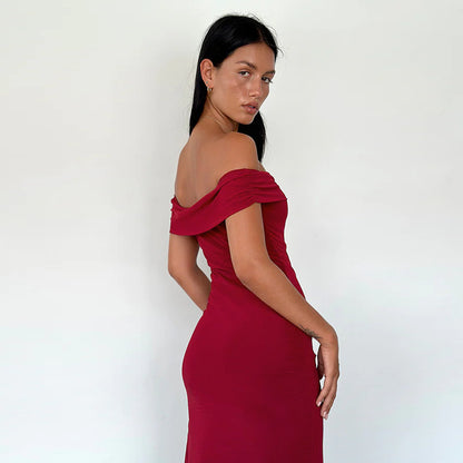 Dames Élégant Robe Maxi Off-Shoulder avec Fente Haute et Design Sculptant Chic und Stil