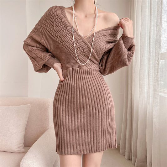 Dames Élégante robe en tricot avec décolleté en V et haut texturé Chic und Stil