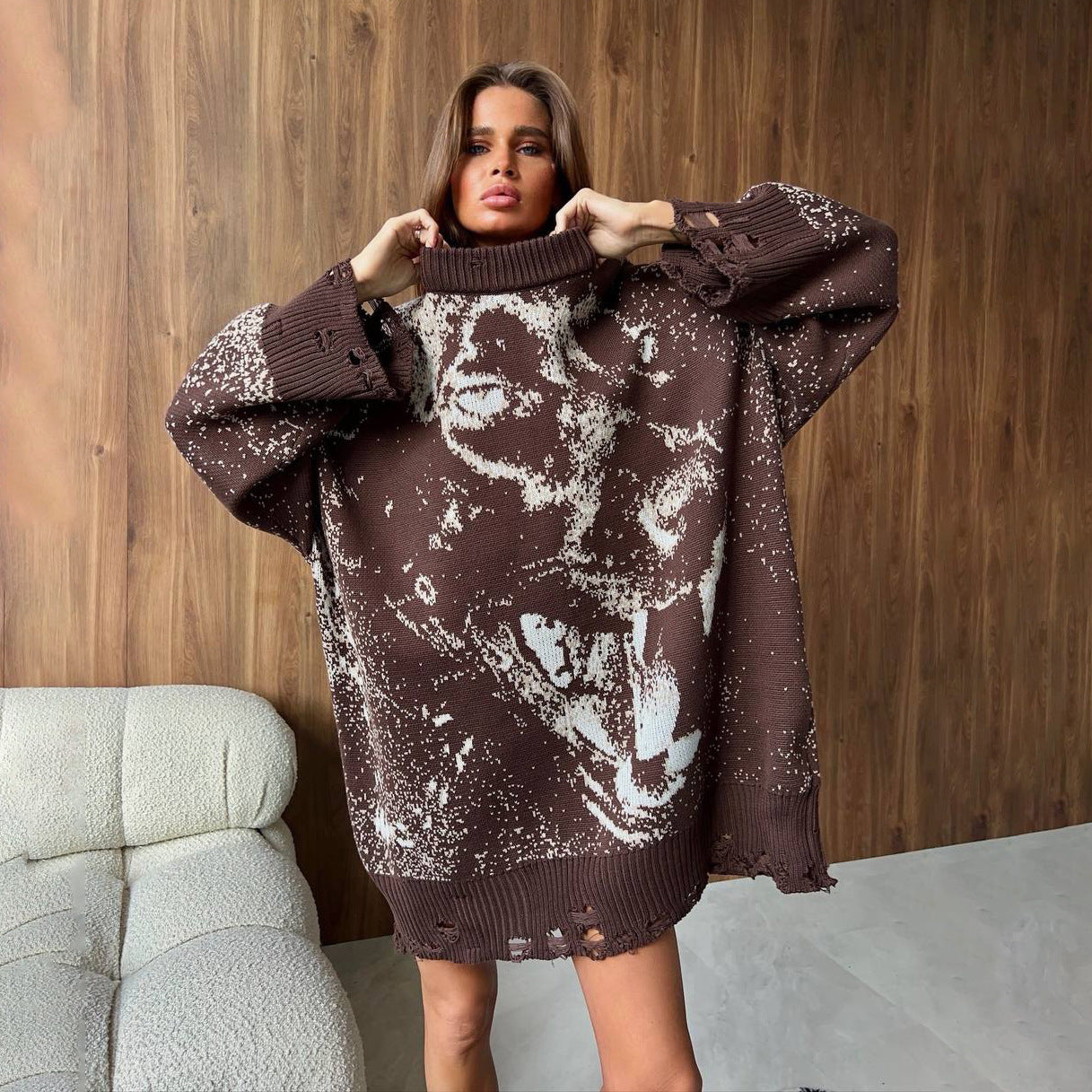 Ladies oversized knit pullover with a creative graphic design Chic and Style