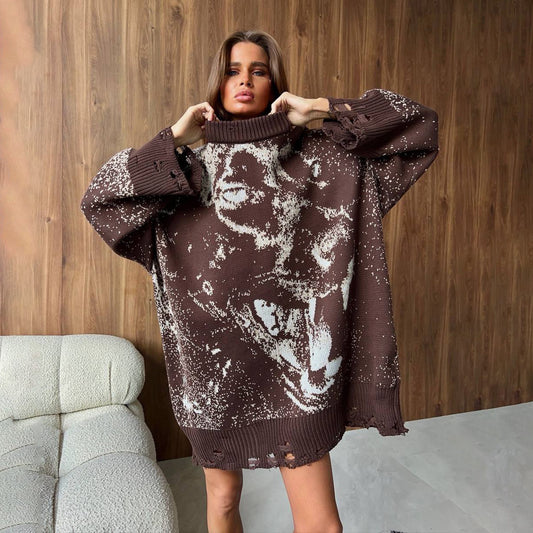 Ladies oversized knit pullover with a creative graphic design Chic and Style