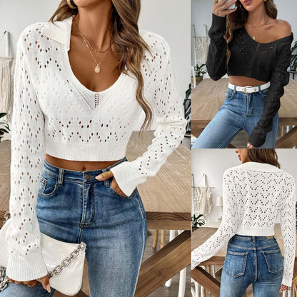 Pull à col en V en tricot pour femmes coupé court Chic und Stil