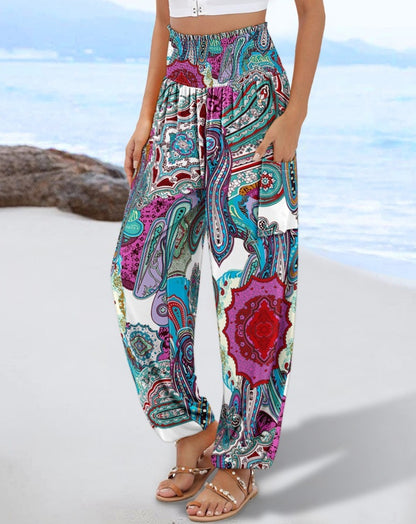 Wide Palazzo pants for women with colorful Paisley pattern and elastic waistband Chic und Stil