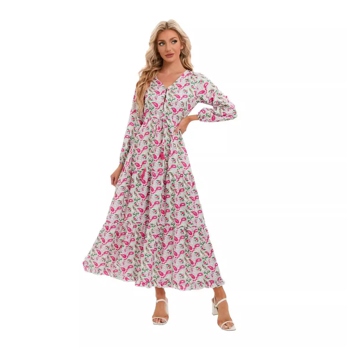 Robe maxi pour femmes avec décolleté en V noué et manches volumineuses Chic und Stil