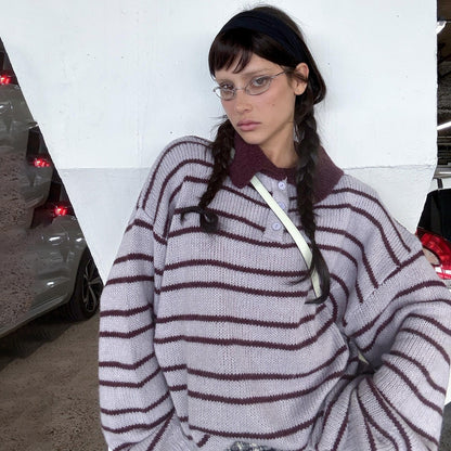 Ladies oversized casual pullover with shawl collar and stripes Chic und Stil