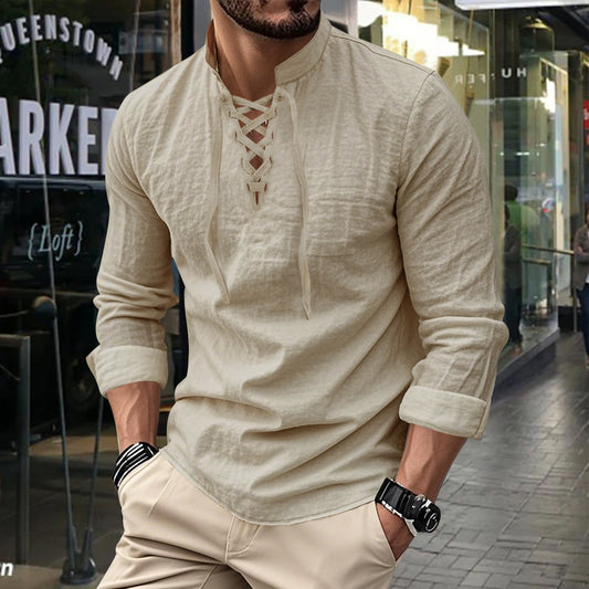 Chemise à manches longues pour hommes avec lacets à la mode et col montant Chic und Stil